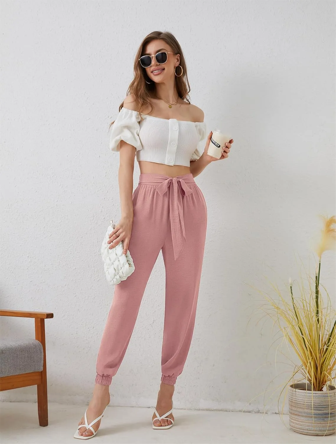 Womens High Waist Dressy Joggers Bow-Knot Loose Business Casual Pants for Work Tapered Trousers with Pockets
