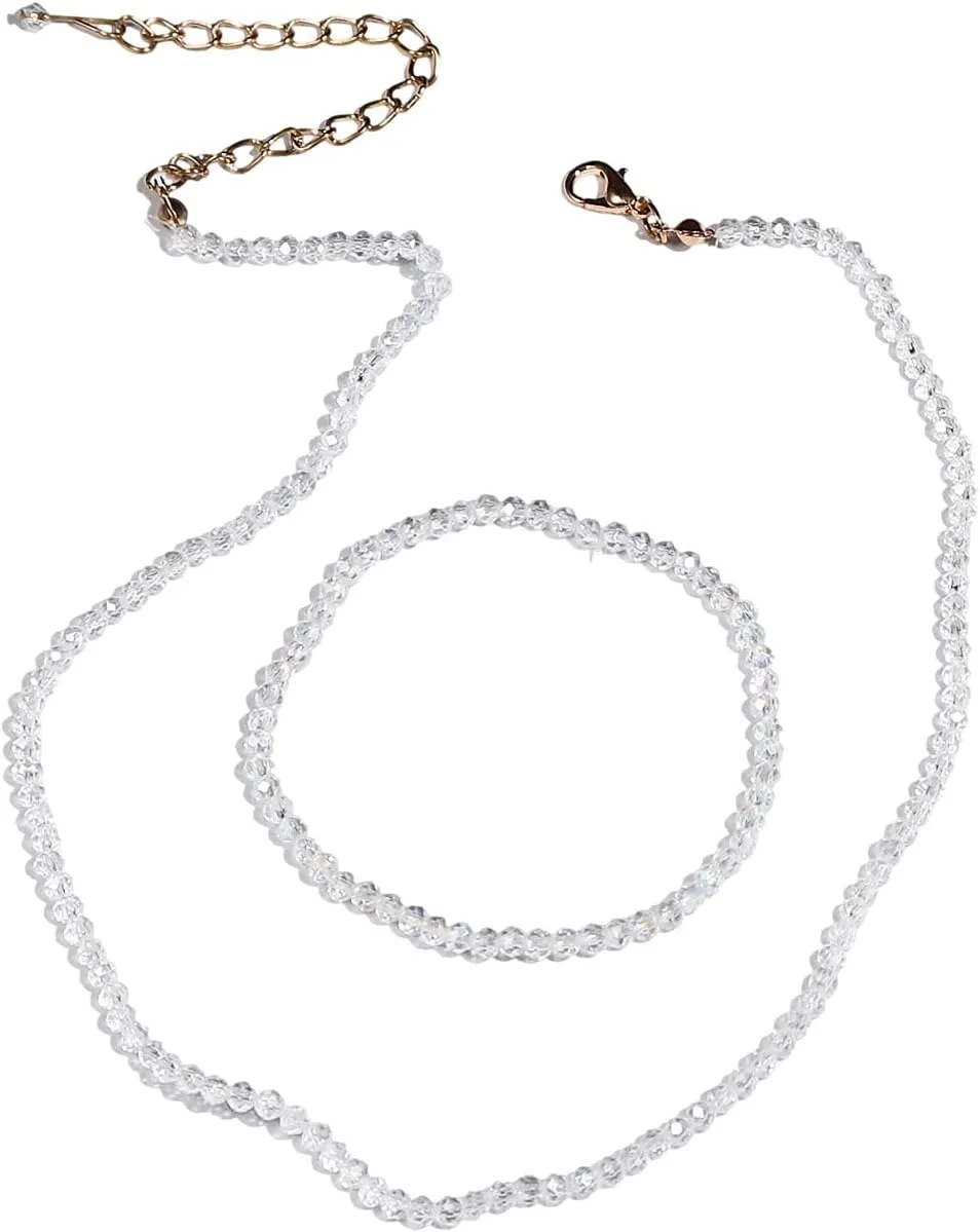 Women's Natural Crystal Beaded Necklace Bracelet Faceted Glass Crystal Beaded Elastic Bracelet