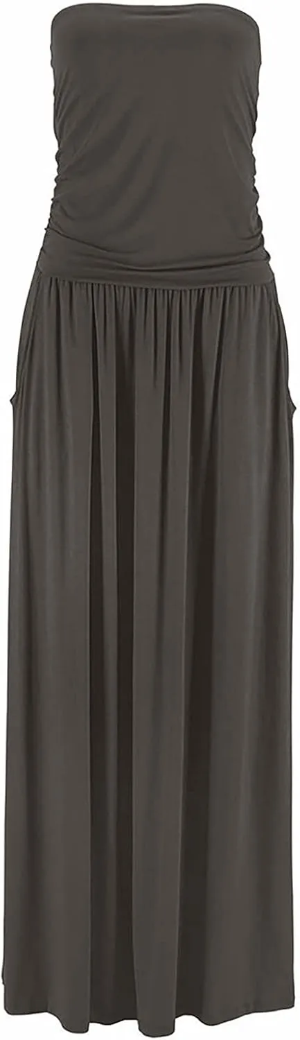 Womens Off The Shoulder Beach Dress Summer Casual Long Maxi Dress Strapless Boho Sundresses with Pockets