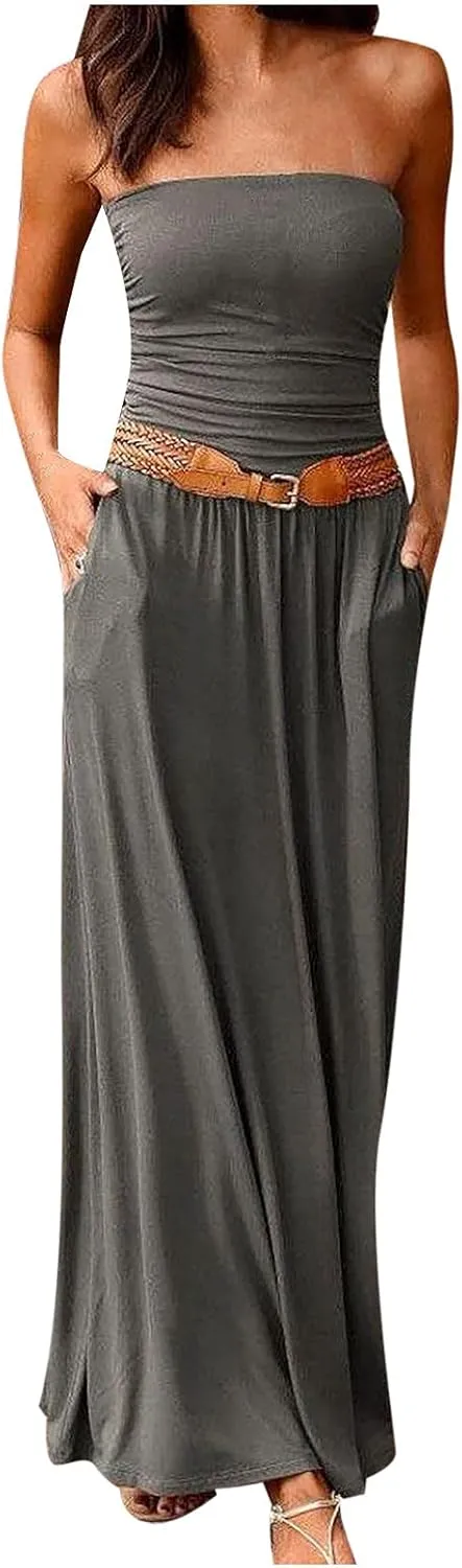 Womens Off The Shoulder Beach Dress Summer Casual Long Maxi Dress Strapless Boho Sundresses with Pockets