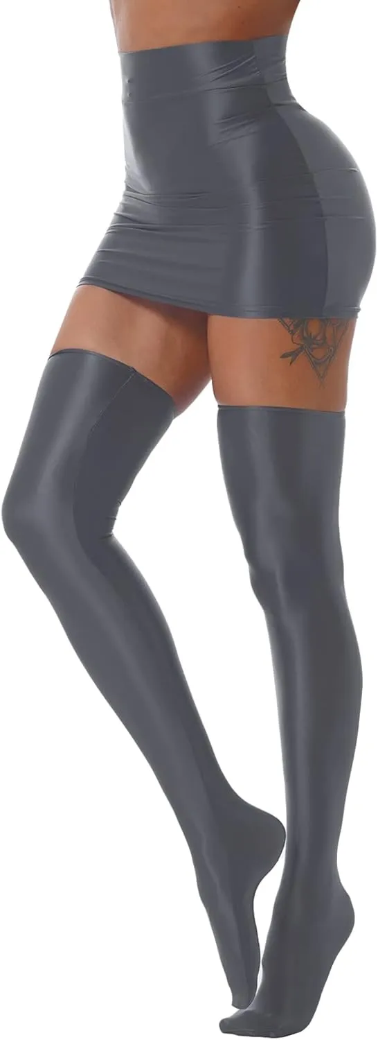 Women's Oil Opaque Basic Stretchy Tube Pencil Mini Skirt with Sheer Thigh-High Stockings