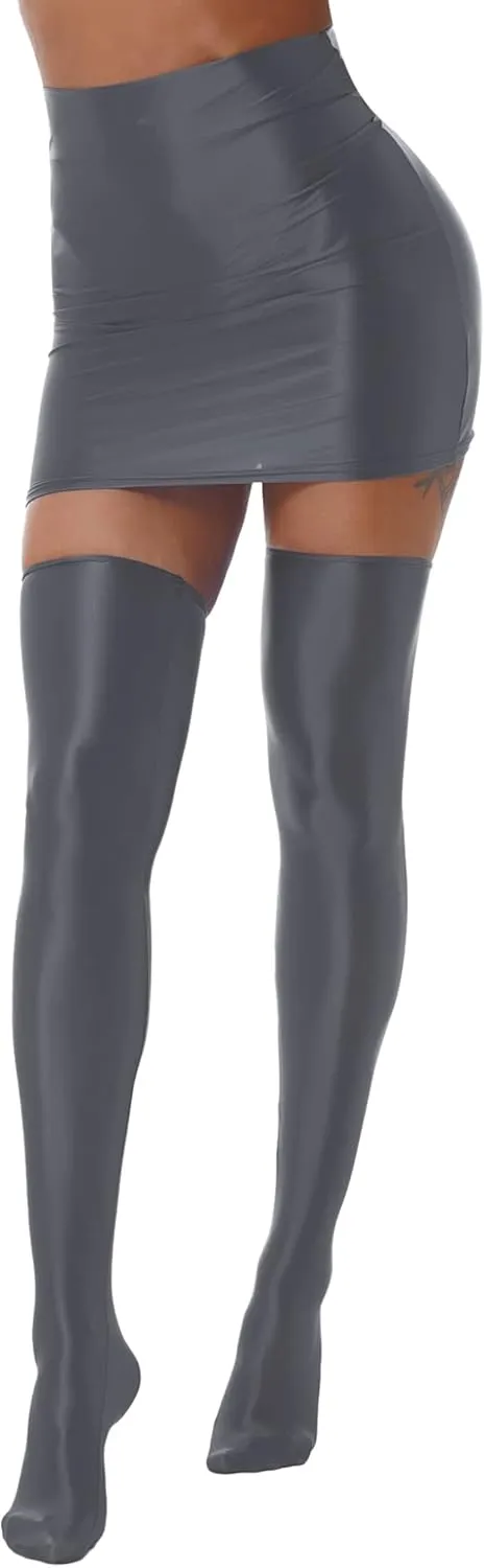 Women's Oil Opaque Basic Stretchy Tube Pencil Mini Skirt with Sheer Thigh-High Stockings