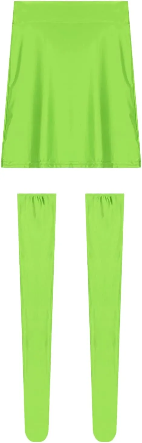 Women's Oil Opaque Basic Stretchy Tube Pencil Mini Skirt with Sheer Thigh-High Stockings