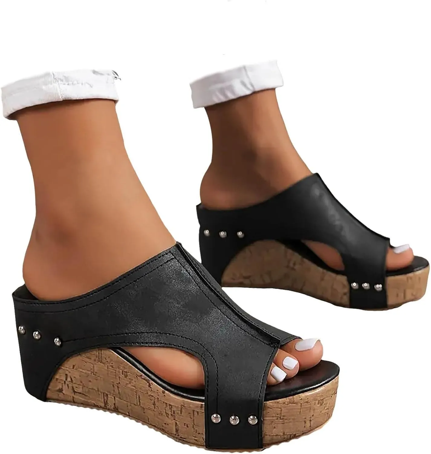 Womens Platform Sandals Fashion Plantar Fasciitis 3-Buckle Orthopedic Sandals Flatform Studded Suede Slip-On Slippers
