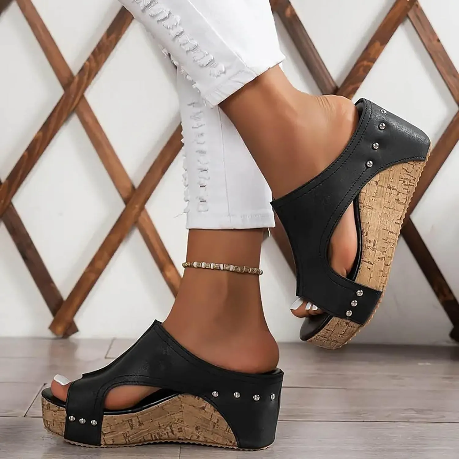 Womens Platform Sandals Fashion Plantar Fasciitis 3-Buckle Orthopedic Sandals Flatform Studded Suede Slip-On Slippers