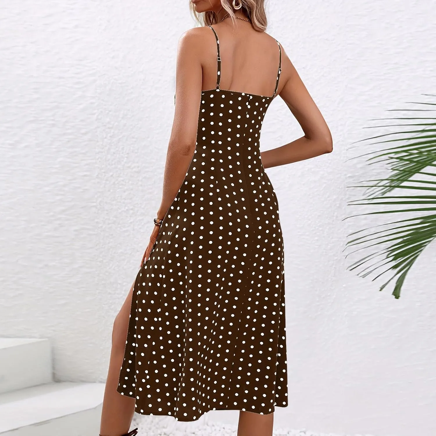 Womens Polka Dot High Split Midi Dresses Square Neck Spaghetti Strap Tie Halter Dress Summer Beach Y2k Sun Dresses