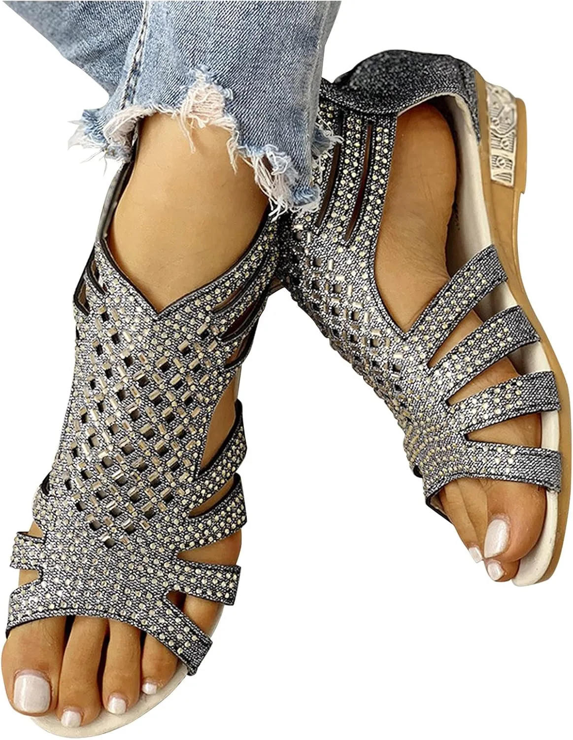 Womens Sandals Roman Sandals Low-Heel Flat Zipper Retro Hollow Breathable Casual Outdoor Shoes with Rhinestones