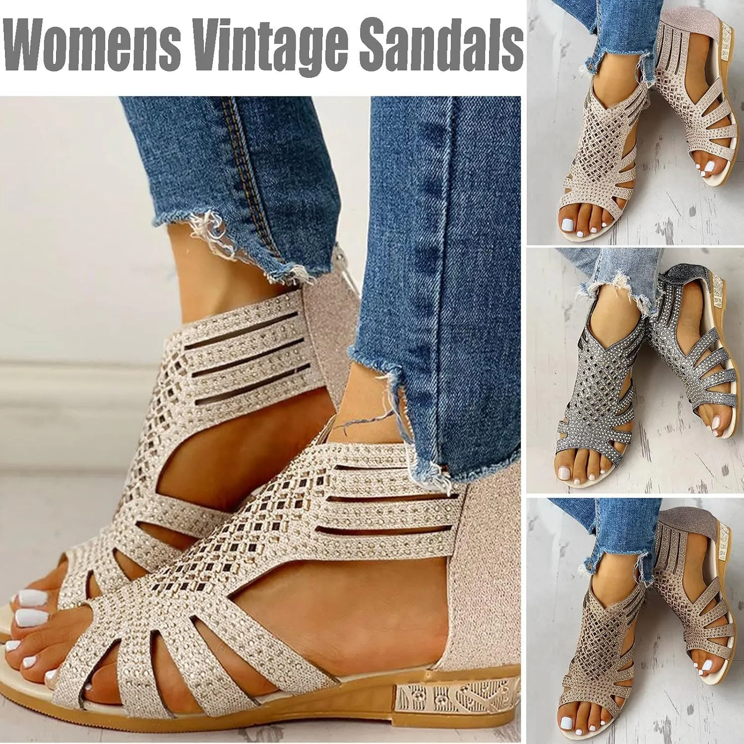 Womens Sandals Roman Sandals Low-Heel Flat Zipper Retro Hollow Breathable Casual Outdoor Shoes with Rhinestones