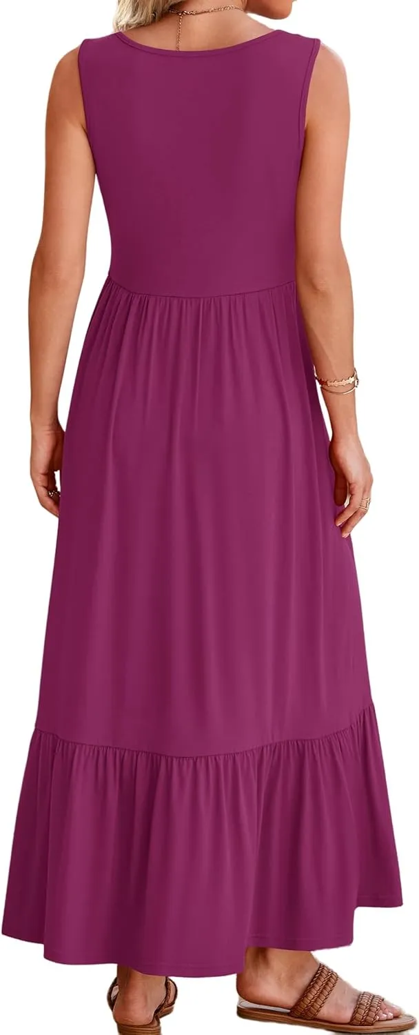 Womens Summer Dresses Square Neck Sleeveless Maxi Dress Casual Tiered Long Beach Sundress Ruffle A Line Flowy Dresses