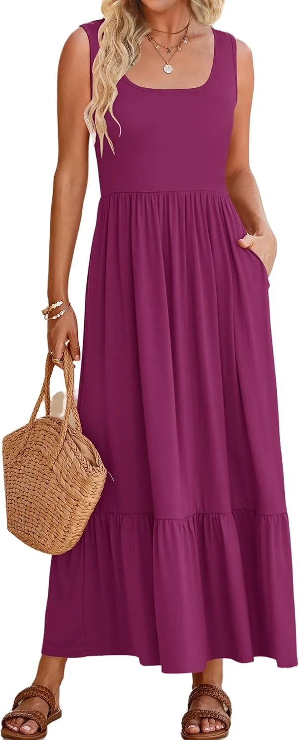 Womens Summer Dresses Square Neck Sleeveless Maxi Dress Casual Tiered Long Beach Sundress Ruffle A Line Flowy Dresses