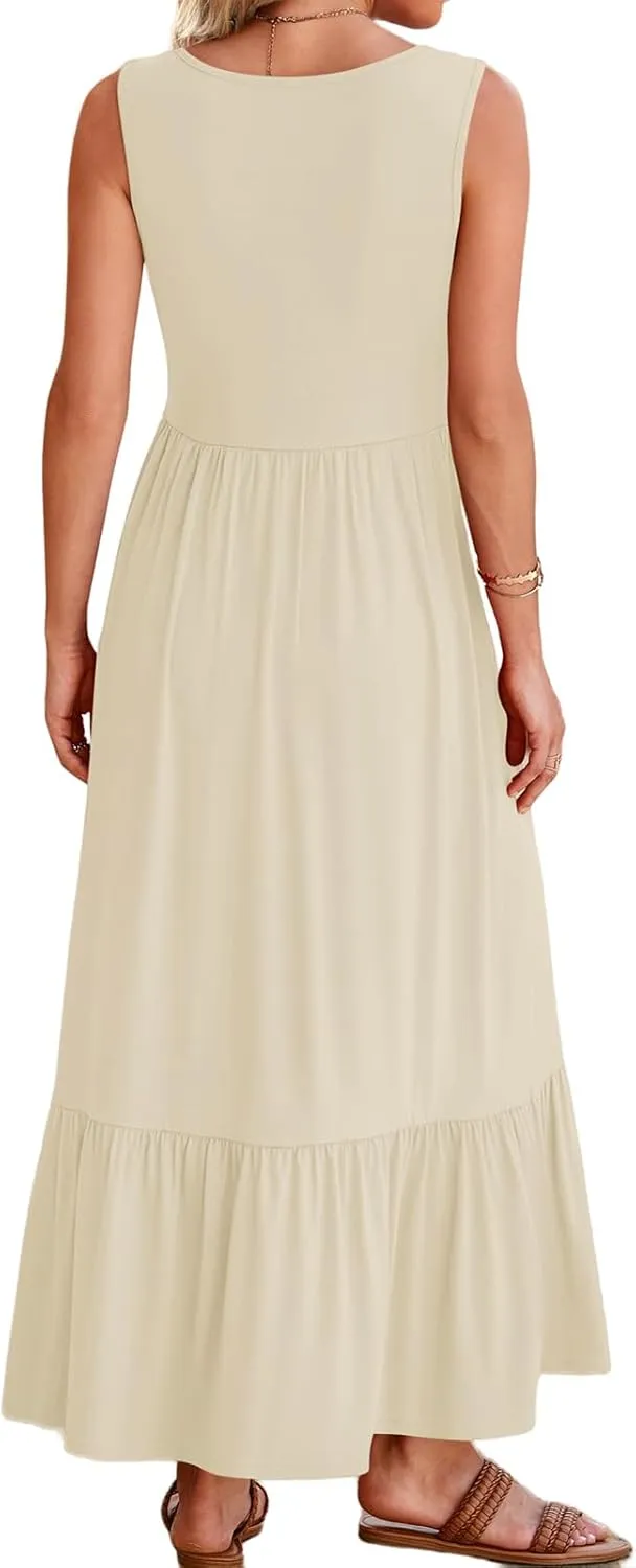 Womens Summer Dresses Square Neck Sleeveless Maxi Dress Casual Tiered Long Beach Sundress Ruffle A Line Flowy Dresses