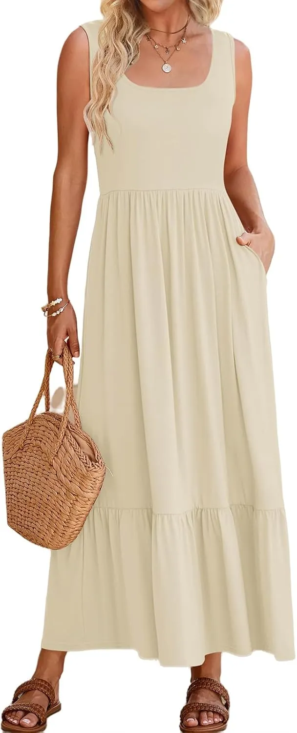 Womens Summer Dresses Square Neck Sleeveless Maxi Dress Casual Tiered Long Beach Sundress Ruffle A Line Flowy Dresses