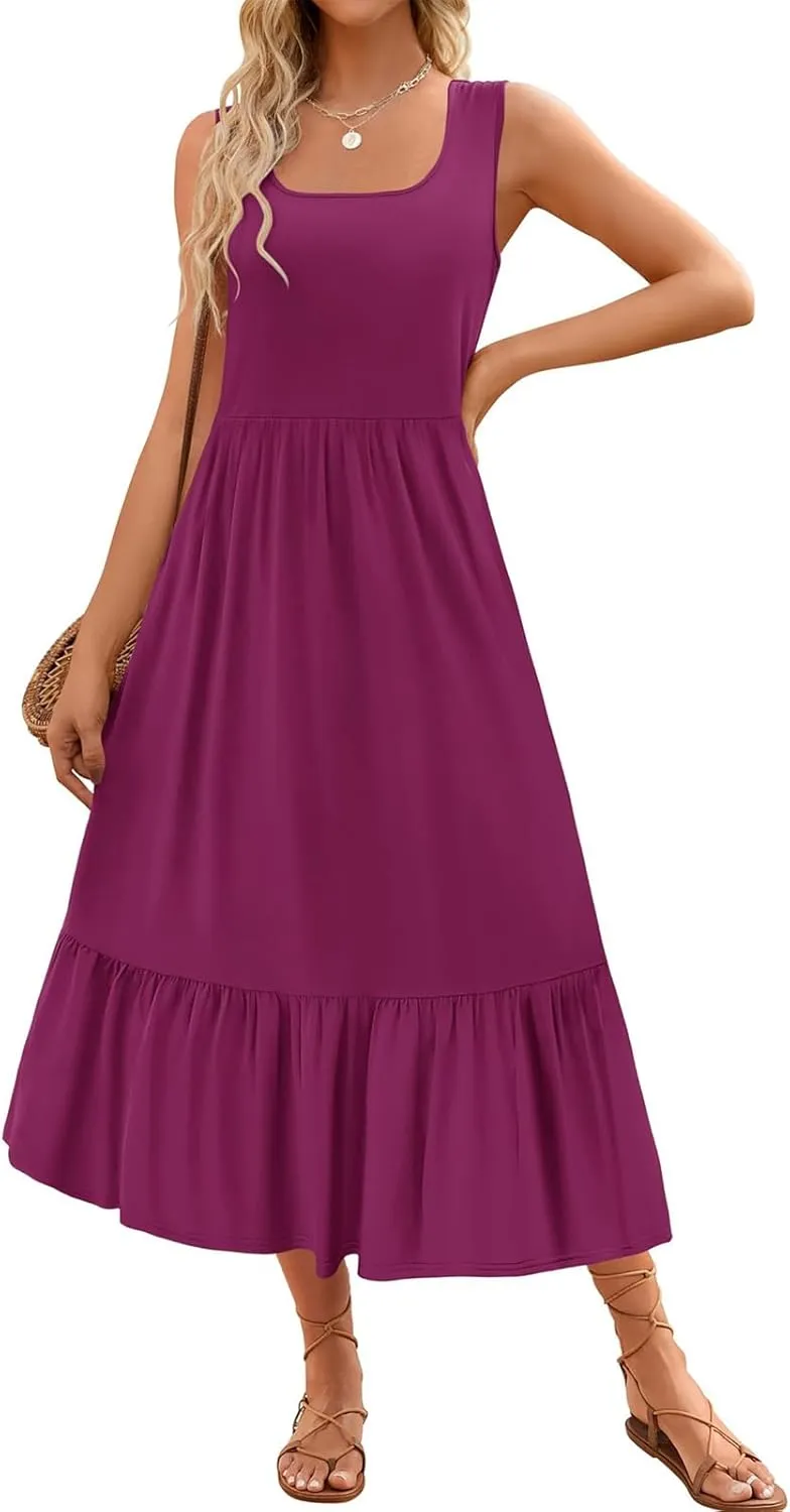 Womens Summer Dresses Square Neck Sleeveless Maxi Dress Casual Tiered Long Beach Sundress Ruffle A Line Flowy Dresses