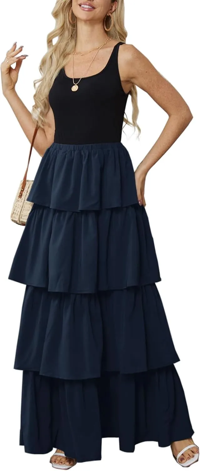 Womens Summer Tank Top Maxi Dress Smocked Ruffle Layered A Line Tiered Flowy Summer Casual Long Sundress