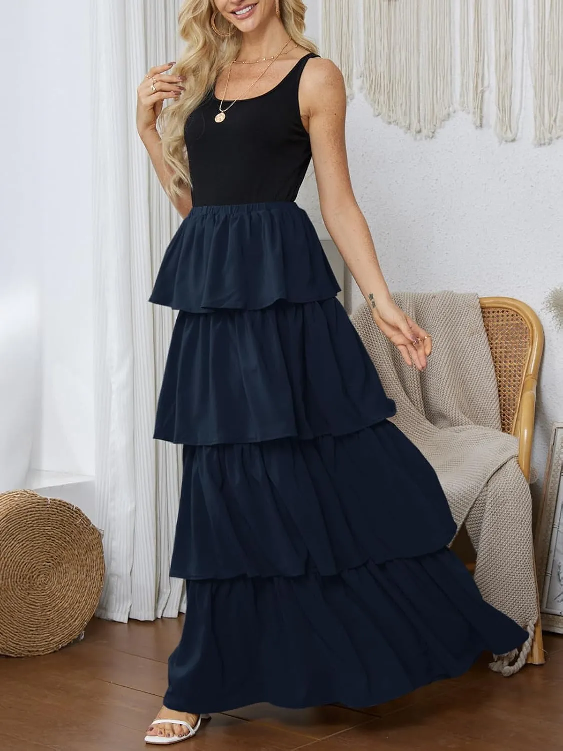 Womens Summer Tank Top Maxi Dress Smocked Ruffle Layered A Line Tiered Flowy Summer Casual Long Sundress