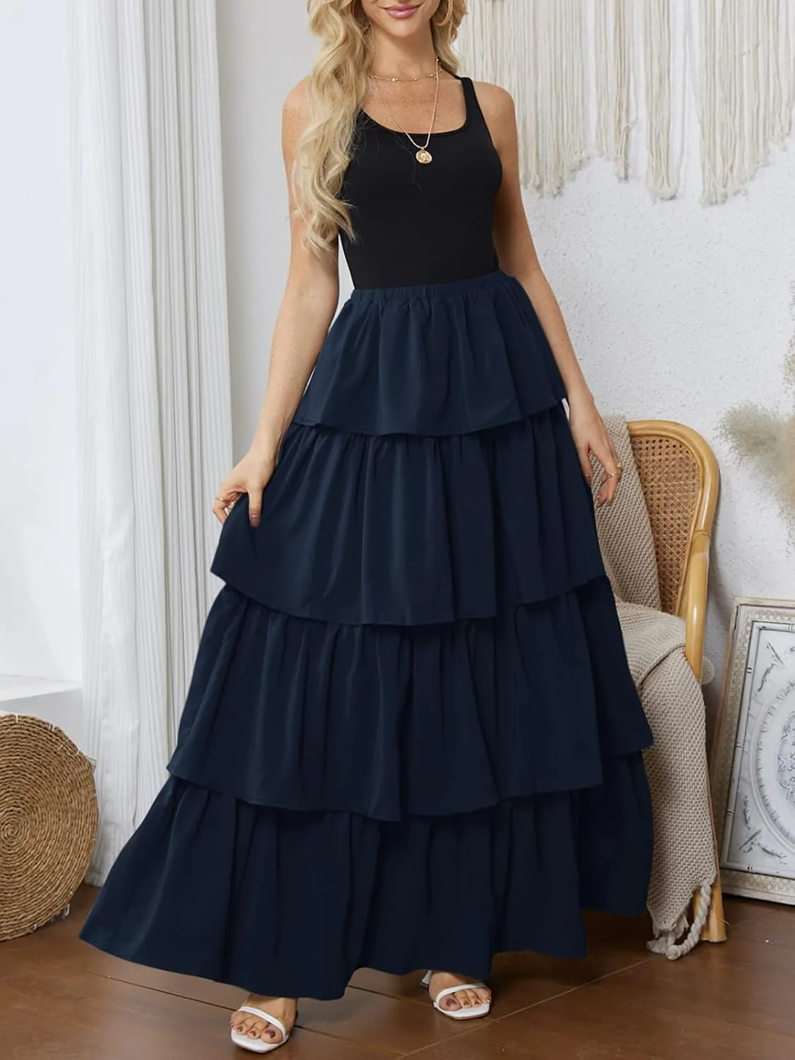 Womens Summer Tank Top Maxi Dress Smocked Ruffle Layered A Line Tiered Flowy Summer Casual Long Sundress