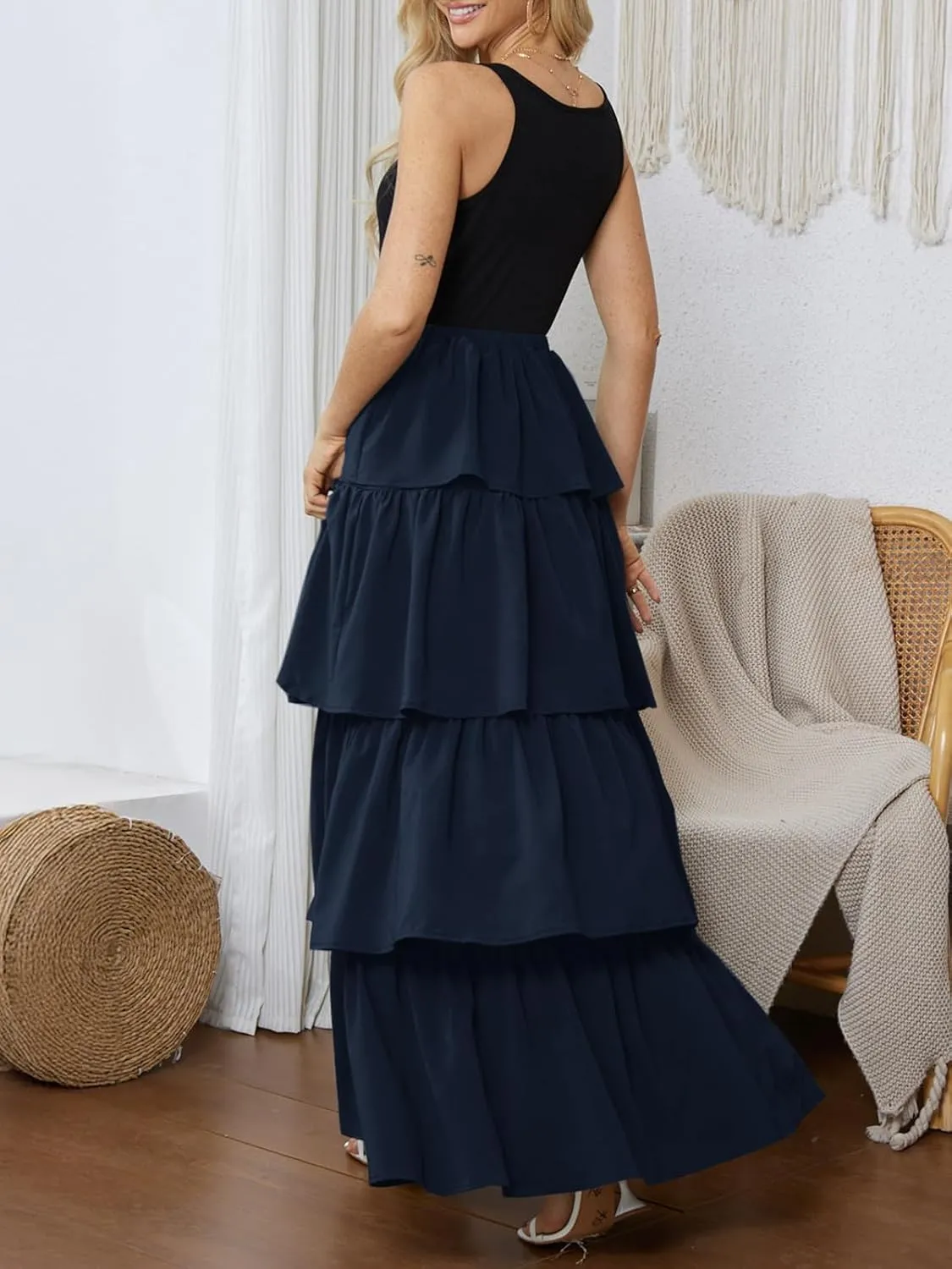 Womens Summer Tank Top Maxi Dress Smocked Ruffle Layered A Line Tiered Flowy Summer Casual Long Sundress