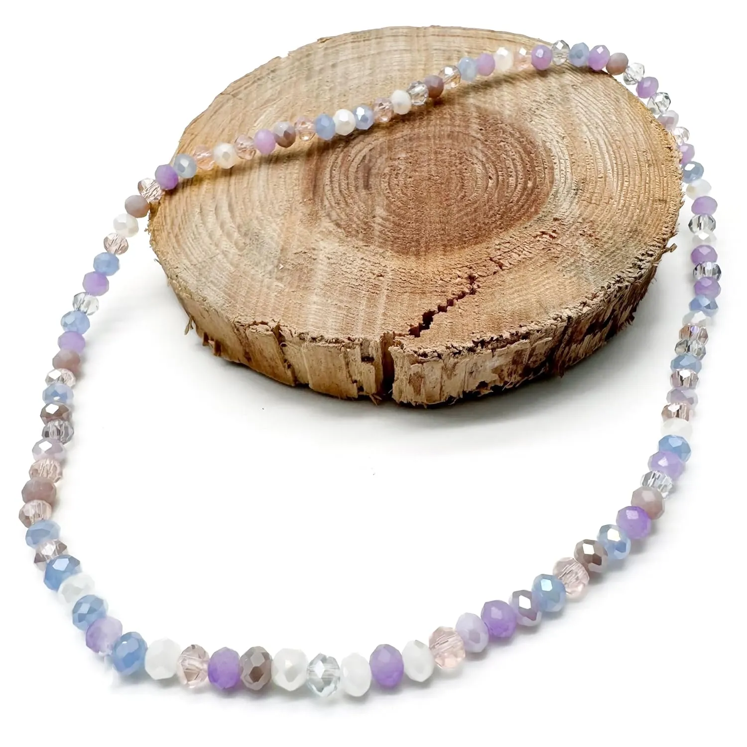 XXL Pale Pastels Faceted Glass Bead Anklet on Elastic - Handmade Pink Lilac White Blue Design : Plus Size Extra Large 13 inches - 4mm Beads in Pretty Summer Colours