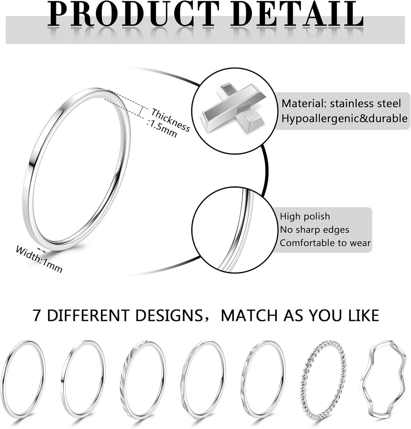 YADOCA 7 Pcs 1MM Stainless Steel Rings for Women Men Fashion Simple Plain Knuckle Stacking Midi Thumb Dainty Thin Stackable Statement Band Rings Set Size 5-11 Silver Gold Tone