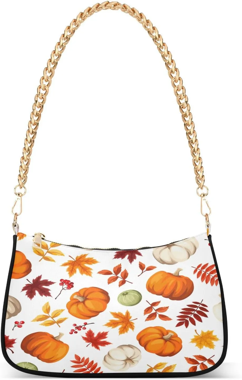Yellow Autumn Leaves Orange Pumpkins Womens Shoulder Bag for Women Girls Hobo Tote Handbag Gold Chain Crossbody Bag with Zipper Clutch Purse Handbags