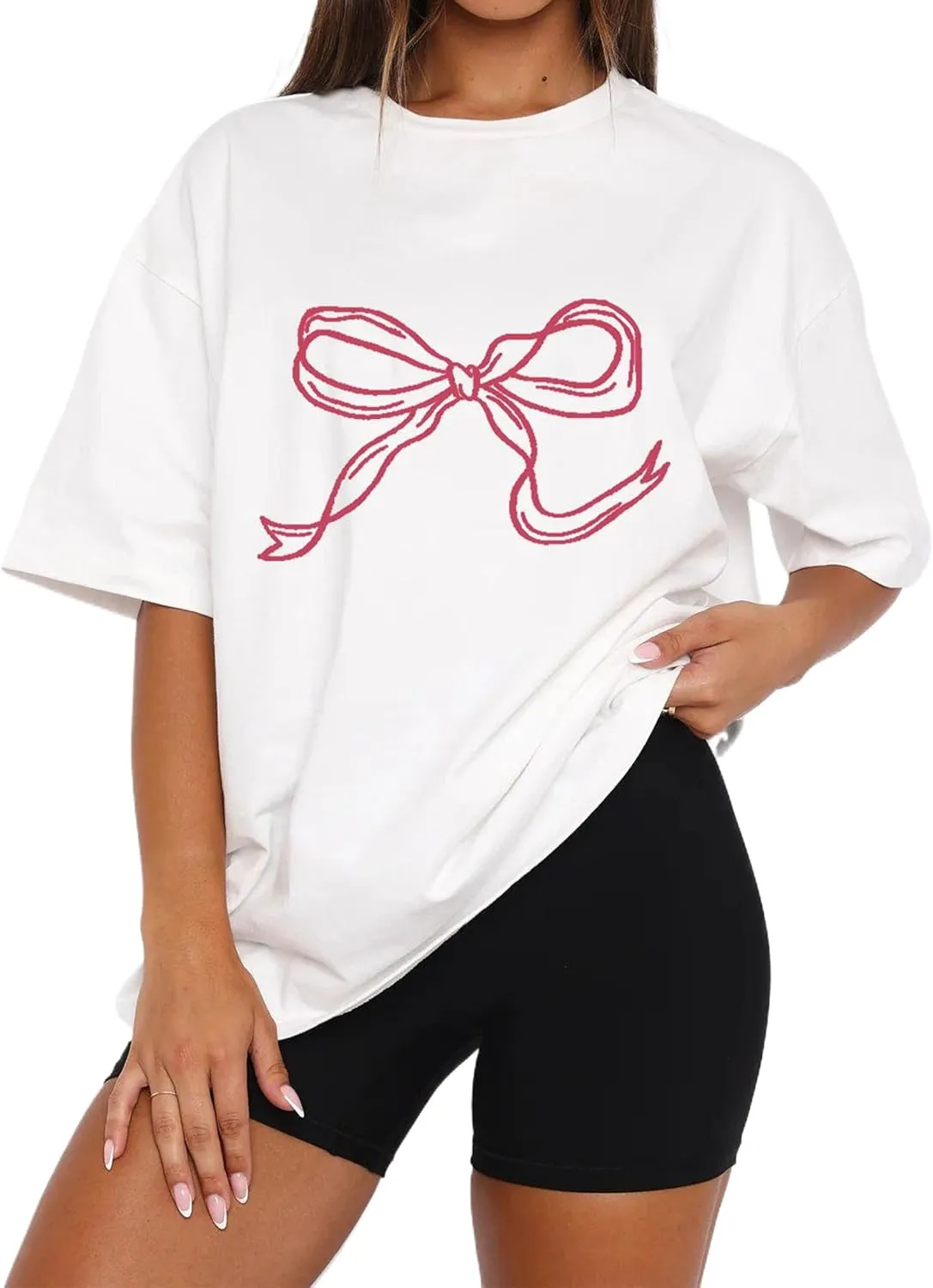 Ythomm Womens Bow Graphic Oversized T-Shirts Short Sleeve Crewneck Summer Basic Tees Going Out Tops Casual Loose Fit Blouse