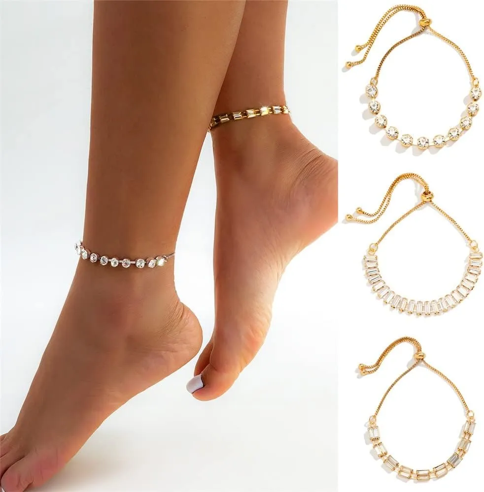 Zircon Anklets Bracelet for Women Iced Out Crystal Rhinestone Bracelet on The Leg Chain Link Chain Sandals Barefoot Jewelry (Gold)