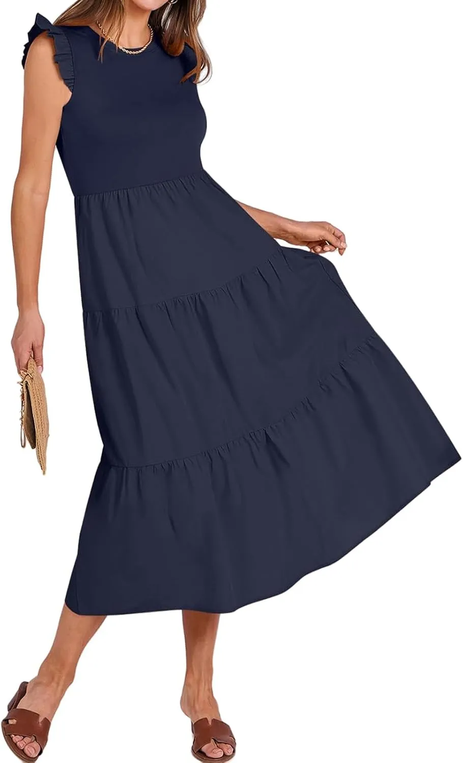 ZWRXW Dresses for Women Ruffle Cap Sleeve Summer Tunic Dress Tiered A Line Midi Dress Flowy Beach Party Dresses with Pockets