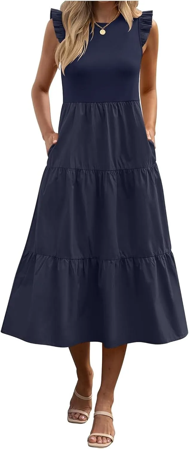 ZWRXW Dresses for Women Ruffle Cap Sleeve Summer Tunic Dress Tiered A Line Midi Dress Flowy Beach Party Dresses with Pockets