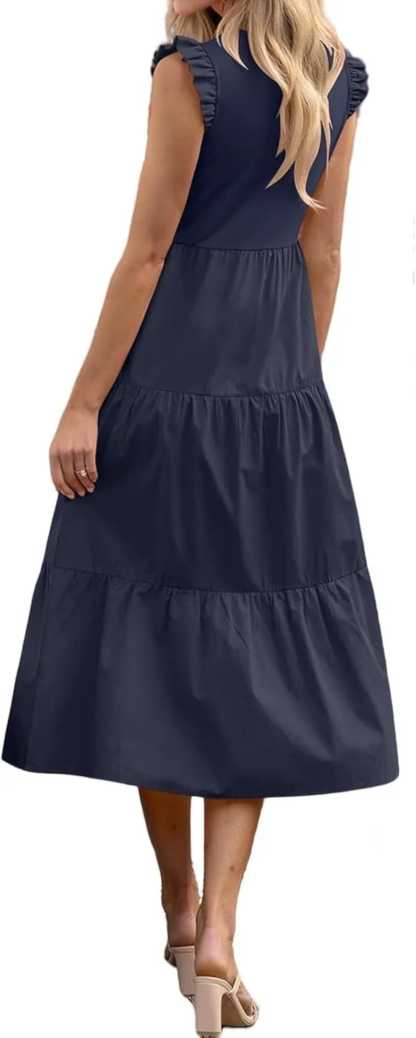 ZWRXW Dresses for Women Ruffle Cap Sleeve Summer Tunic Dress Tiered A Line Midi Dress Flowy Beach Party Dresses with Pockets
